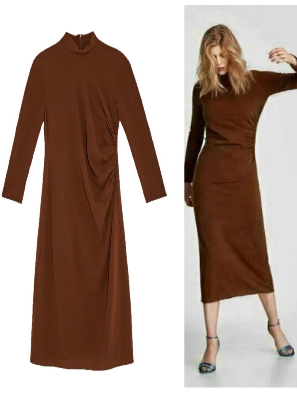 Zara Brown Long Sleeve Mock Neck Twist Detail Midi Dress Sz L stretchy classy